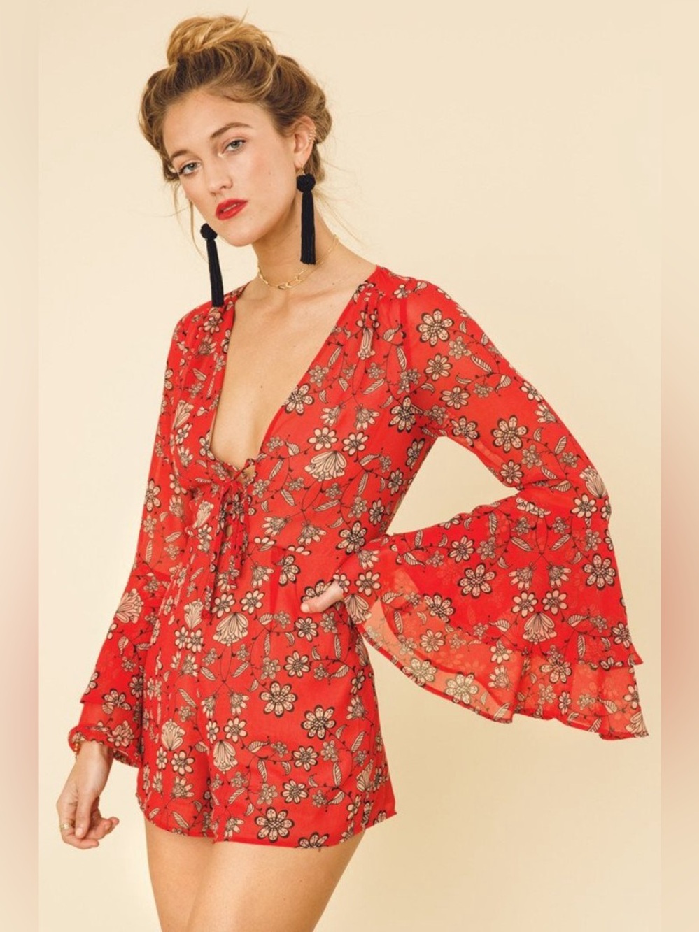 For Love & Lemons Red Floral  Romper XS NWOT
